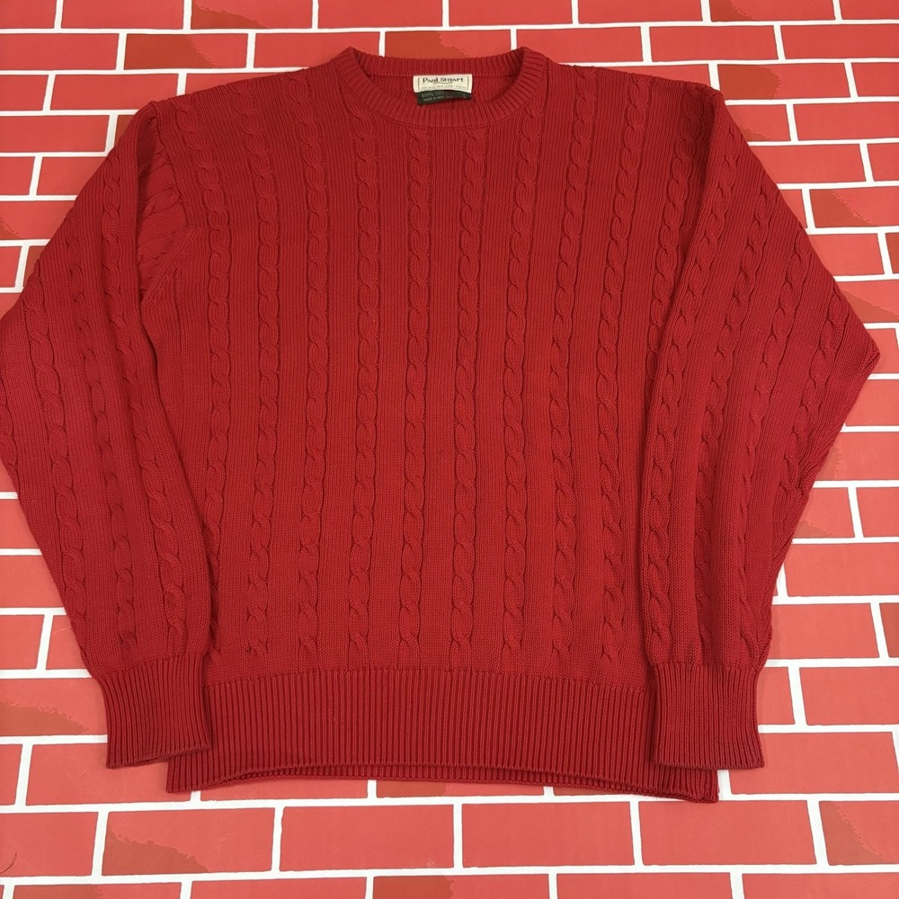Paul Stuart Sweater Mens L Red Cable Knit Cotton Crew Neck Long Sleeve Hong Kong